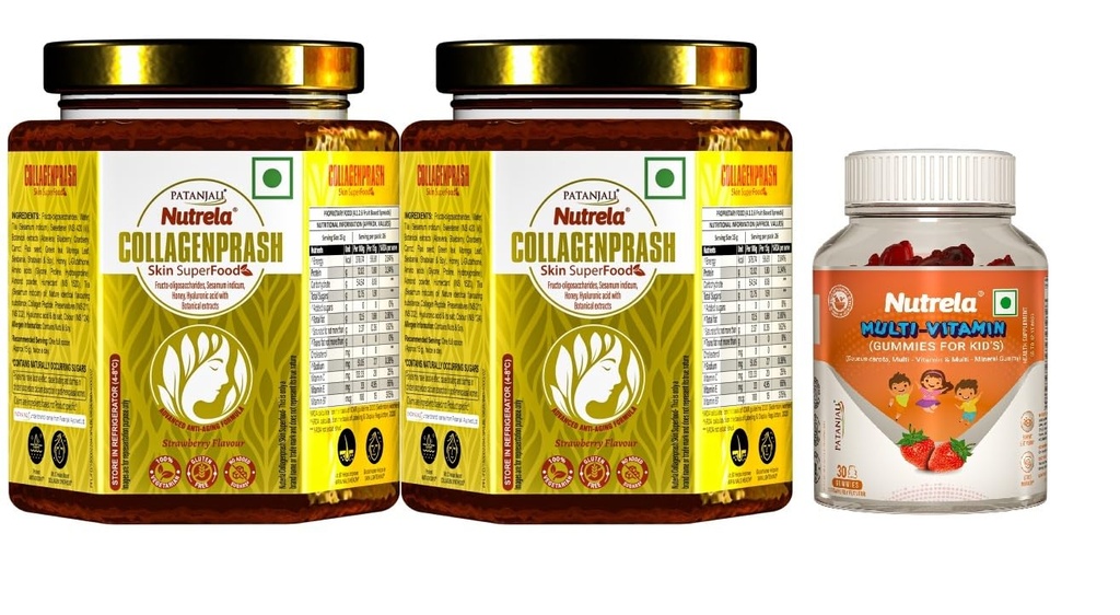 Patanjali Nutrela Family Wellness Combo - Collagenprash Skin Superfood Pack of 2 (Strawberry Flavour) & Kids Multi-Vitamin & Mineral Gummies