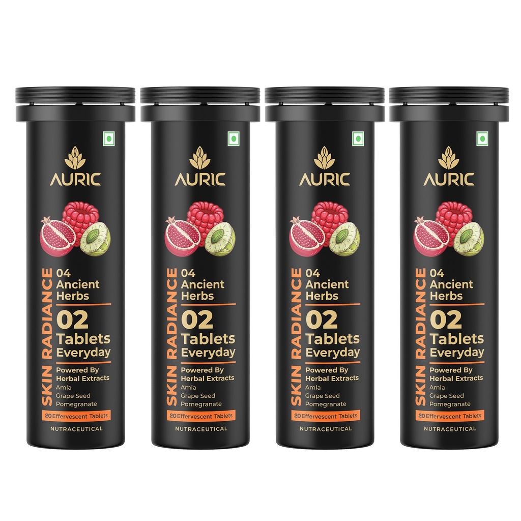 Auric Skin Radiance Glutathione Effervescent 80 Tablets for Skin | With Biotin, Amla, Pomegranate & Grape Seed Extract | Mixed Berries Flavour | Shine 365