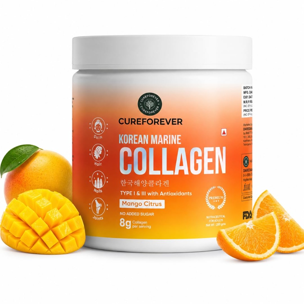 CUREFOREVER Marine Collagen Powder for Women & Men | Hydrolyzed Type I & III Collagen Peptides for Skin Glow, Hair Growth, Nails & Joints Support | Beauty & Anti-Aging Formula, Mango Citrus Flavour, 25 Servings