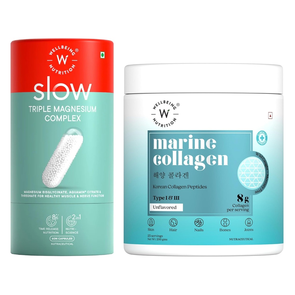 Wellbeing Nutrition Pure Korean Marine Collagen 200g, Hydrolyzed Collagen Powder + Triple Magnesium Complex 1000mg with Glycinate, Citrate & Threonate, 60 Capsules
