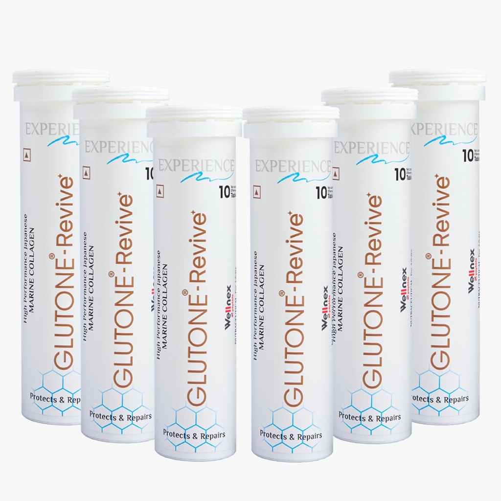 Glutone-Revive Effervescent Collagen Tablets – 2500 mg Wellnex Di-Peptide Marine Collagen|Supports Skin Hydration, Elasticity, Smooth Texture | For Men & Women | 60 Blueberry Flavour Tablets