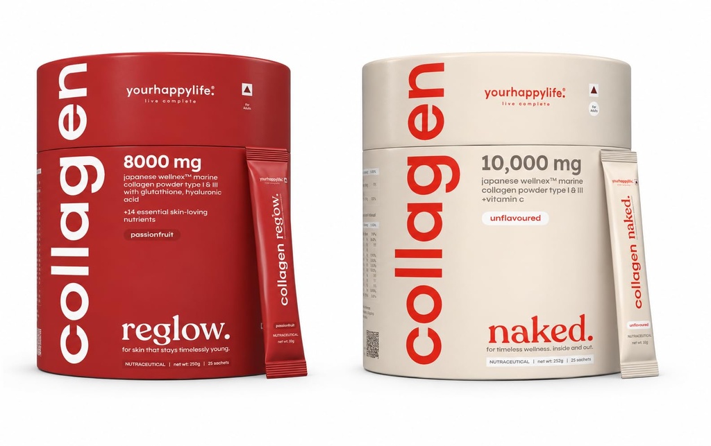YourHappyLife Flavoured & Unflavoured Marine Collagen Combo | 8000mg Passionfruit Wellnex + 10000mg Japanese Type 1 & 3 Peptides | Skin, Hair, Nails & Joints | 250g Each