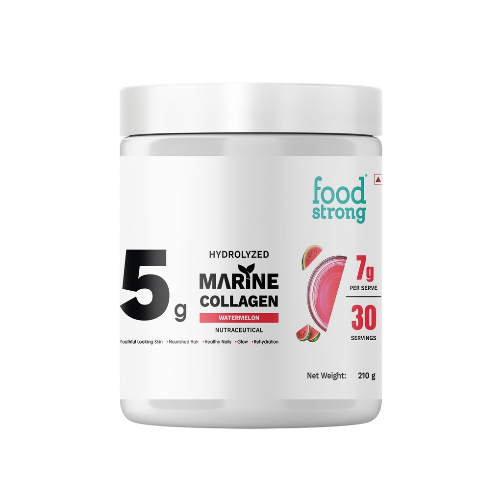 Foodstrong Hydrolyzed Marine Collagen Powder – Watermelon Flavour | 30 Servings | Supports Skin Hydration, Hair Nourishment & Glow | 210g