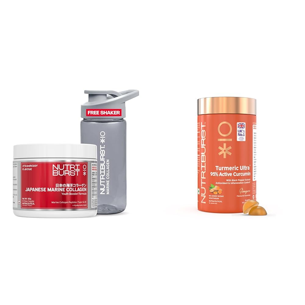 Nutriburst Japanese Marine Collagen Powder (Strawberry Flavor) + Turmeric Ultra Gummies (Ginger Flavor) with 95% Curcumin & Black Pepper | No Added Sugar | For Men and Women | - (Pack of 2)
