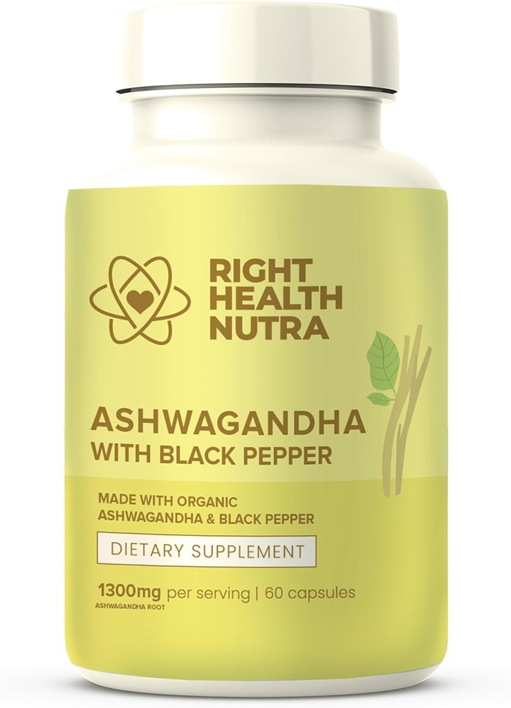右の健康のNutra Ashwagandhaのカプセル- 60の計算-サービングごとの1300mg -男性のためのAshwagandhaおよび最高の吸収のための黒いペッパーが付いている女性-米国でなされる補足
