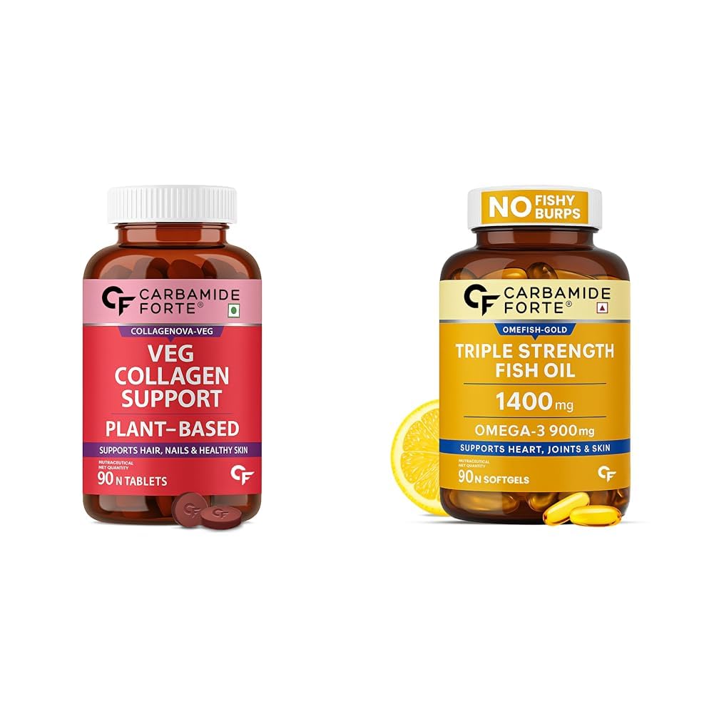 Carbamide Forte Plant Based Veg Collagen Tablet For Skin & Hair & Triple Strength Fish Oil 1400mg with Omega 3 900mg For Bones and Heart | 90 Tablets + 90 Softgel Capsules