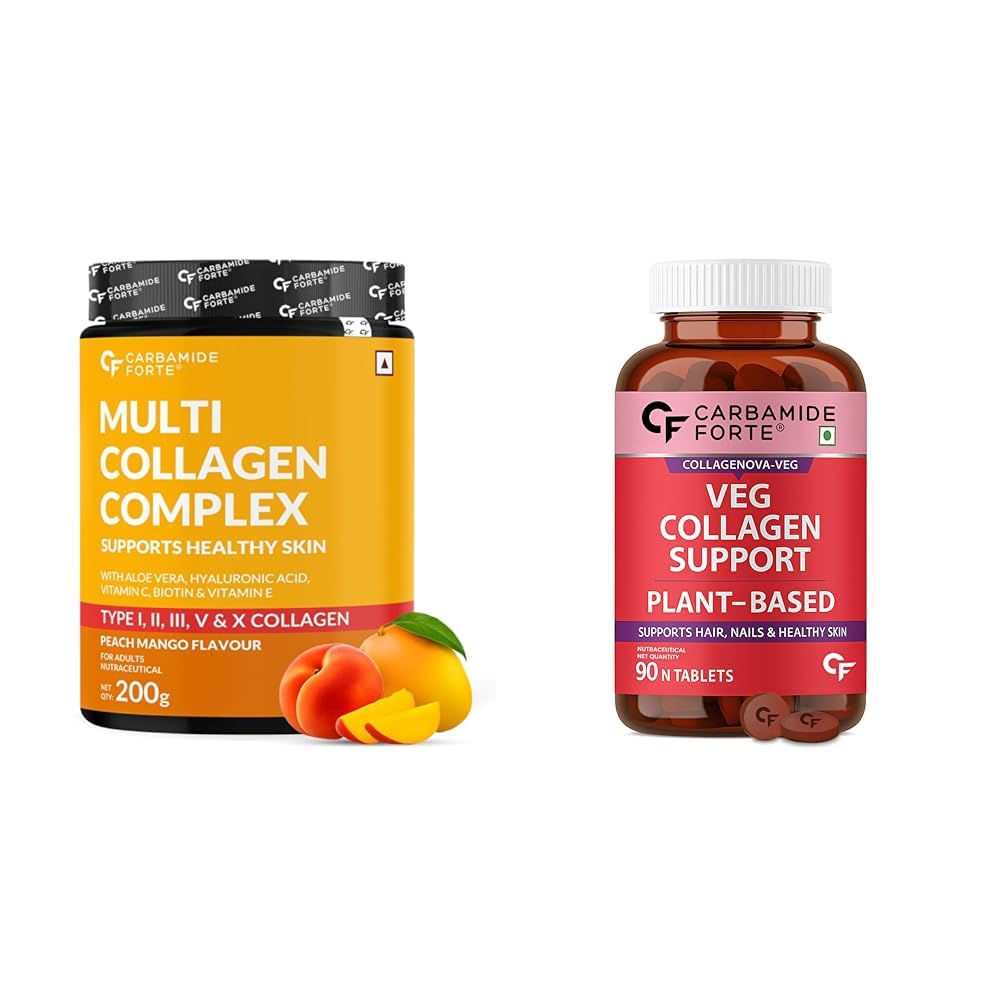 Carbamide Forte Hydrolyzed Multi Collagen 5x Powder - Peach mango Flavor -200g & 100% Veg Collagen Supplements For Skin & Hair - 90 Tablets