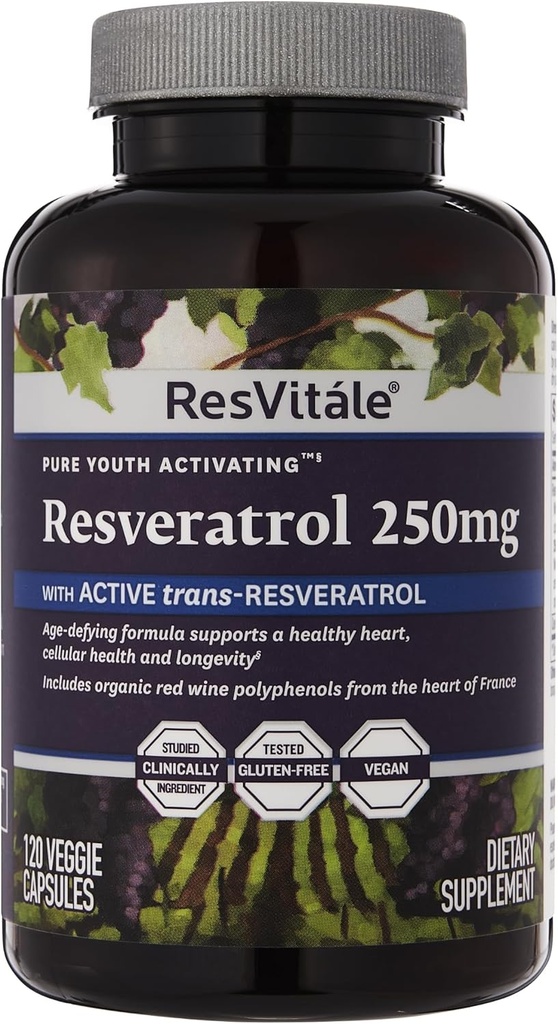 ResVitale Resveratrol 250 mg - 男性と女性のためのレスベラトロールサプリメント - 120 ベジギーカプセル