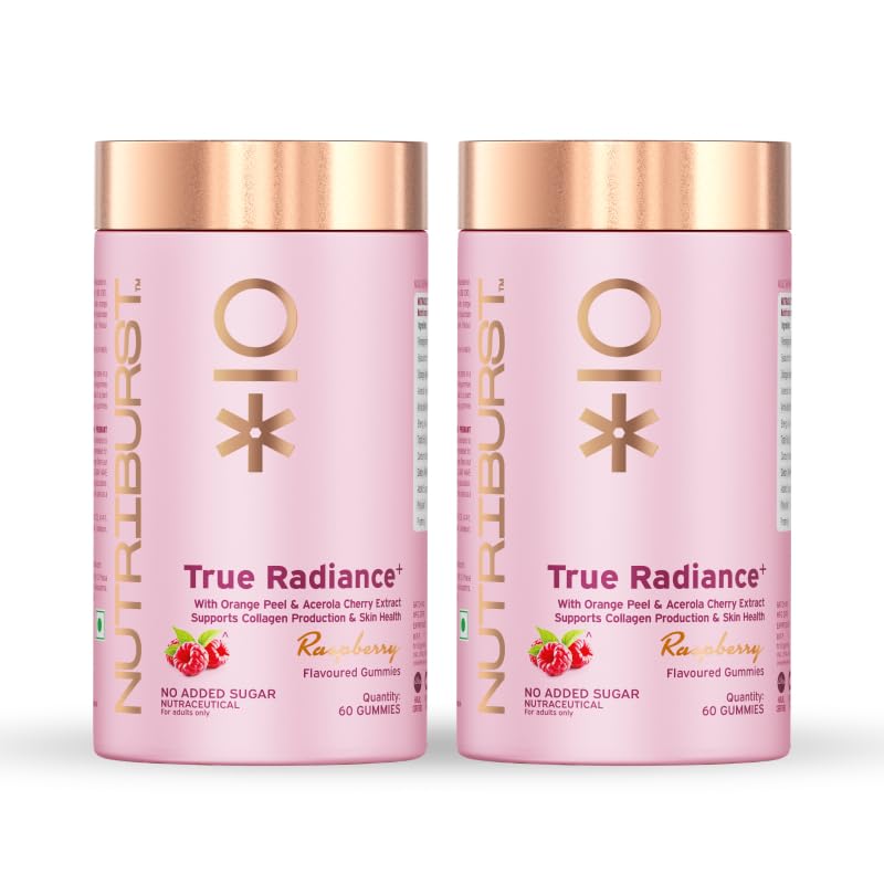Nutriburst True Radiance Gummies for Collagen Improvement | Raspberry Collagen Gummies with Orange Peel | Acerola Cherry & Sea Buckthor | Enhance Elasticity & Health skin|(Pack of 2 X 60 Gummy)