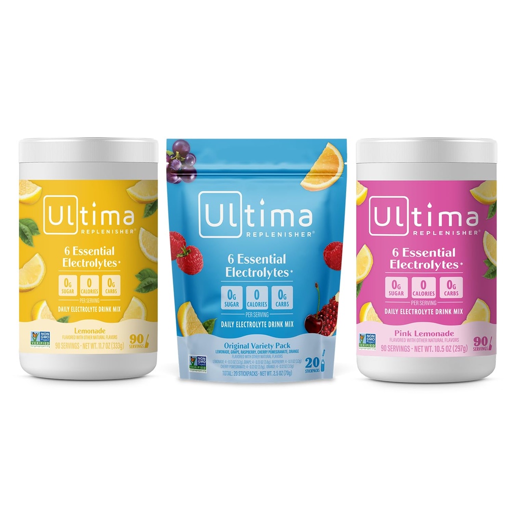Ultima Replenisher Electrolyteパウダードリンクミックスバンドル – 砂糖無料 – レモンデ, ピンクレモネード, Variety-90 サービング, 20 スティックパック – 6 電解質とミネラル – ケトフレンドリー, ビーガン, 非GMO