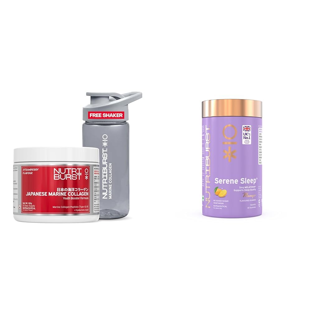 Nutriburst Japanese Marine Collagen Powder (Strawberry Flavor) + Serene Sleep Melatonin Gummies (Mango Flavor) | No Added Sugar | For Men and Women | - (Pack of 2)