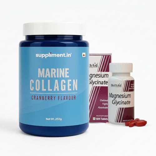 HealthAid Marine Collagen Powder (250g, Cranberry) & Chelated Magnesium Glycinate with Zinc (1682mg) – Skin Hydration, Hair Growth, Muscle Recovery & Better Sleep – Sugar-Free & High Absorption