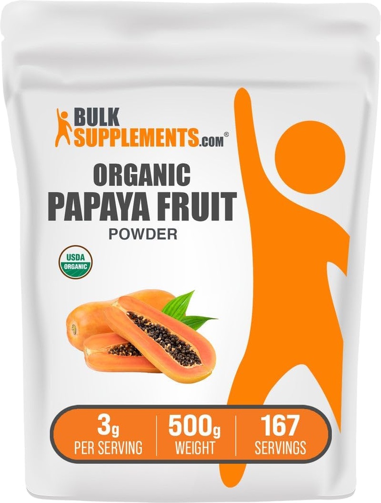 BulkSupplements.com オーガニックパパイヤフルーツパウダー - 風味のパウダー、カリカパパイヤフルーツ由来 - グルテンフリー、サービングあたり3g、500g(1.1ポンド)(1パック)