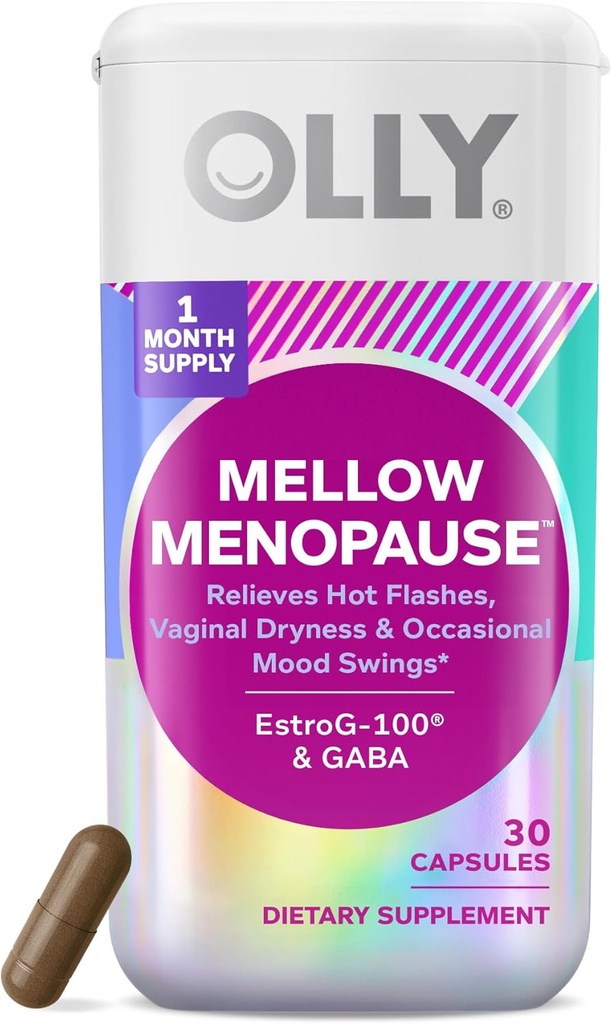 女性のためのOLLY Mellow Menopauseサプリメント, ホットフラッシュをサポート, 腟の乾燥 & 時事の気分のスイング,* エストロゲン-G100®, GABA, ビーガンカプセル, 1ヶ月の供給 - 30カウント
