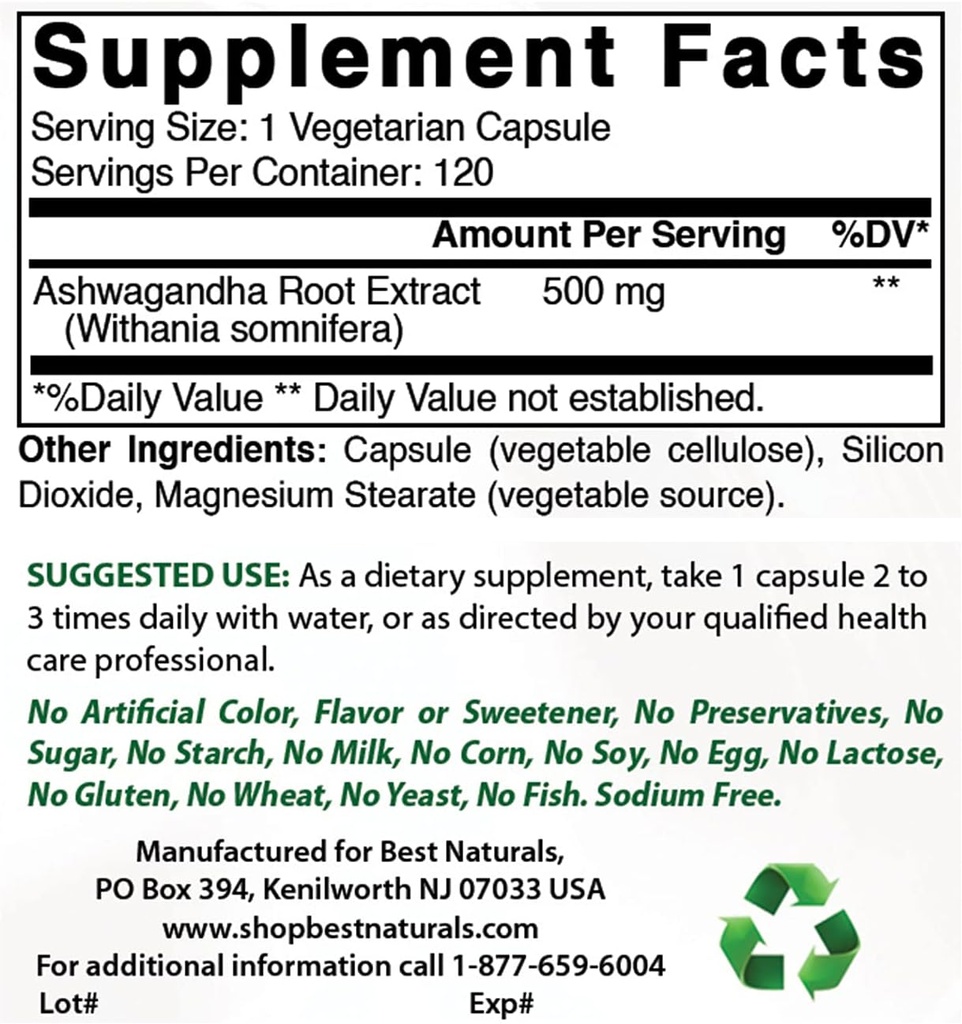 最高の自然なashwagandhaのエキス500のMg及び亜鉛Gluconate 50mg