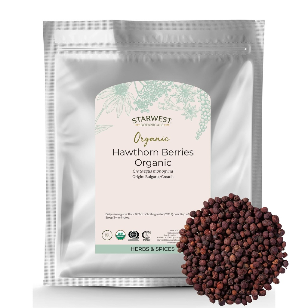Starwest Botanicals Organic Hawthorn Berries 全乾燥ロースリーフハーブティー、ジャム、ハーブエキス、天然消化サポート、認定コーシャ、非GMO - バルク1ポンドバッグ