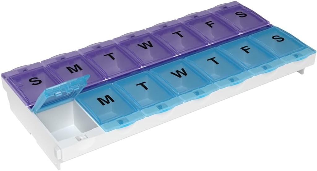 EZY DOSE (14 日) AM/PM の丸薬の箱、薬のプランナー、ビタミンのオルガナイザー箱、安全な処方薬への 2X 大きい錠のコンパートメントおよび事故のこぼれを防ぐため、色 5 月 Vary、BPA は放します