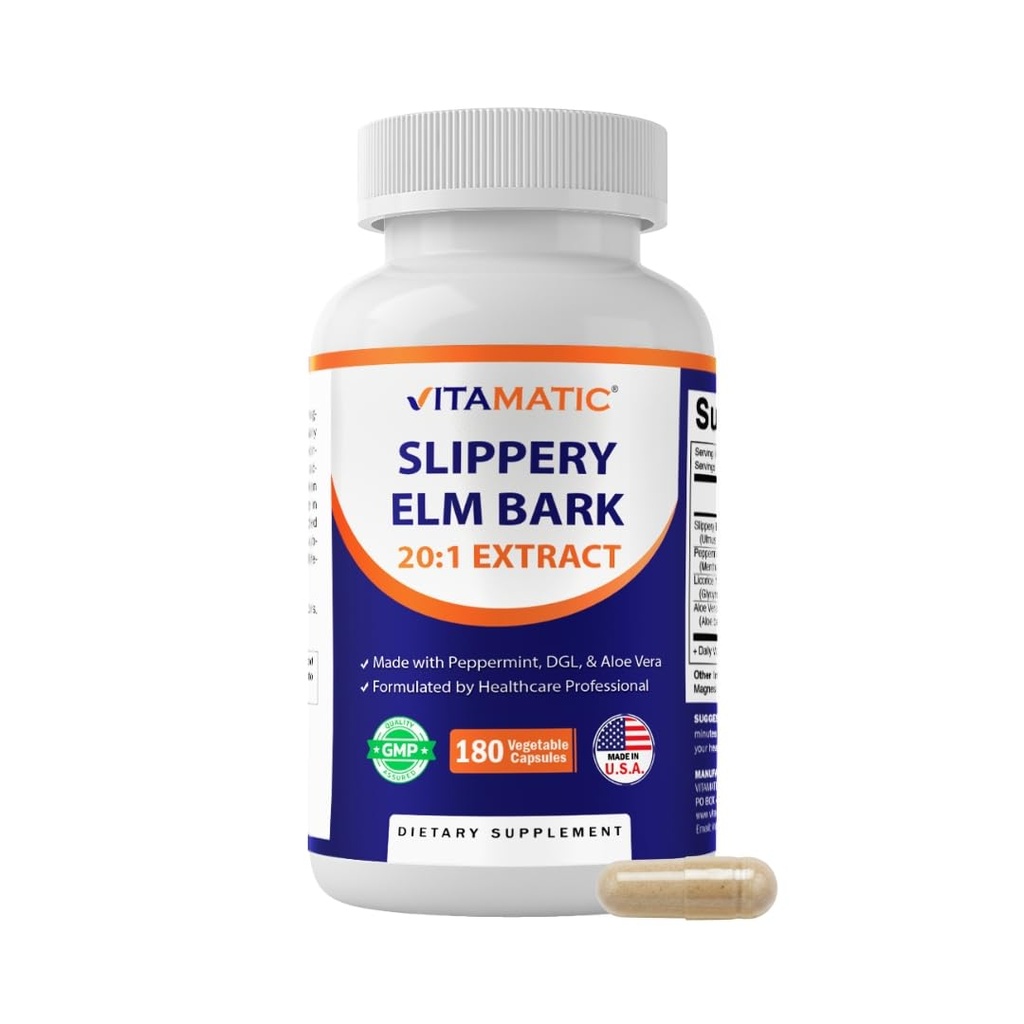 Vitamaticの滑り止めのエルムの樹皮のサービングごとの10000のmgの等価(20:1のエキス500のmgから)、Peppermint、DGL、及びアロエVera - 180の野菜のカプセルおよび集中された20Xの効力となされる
