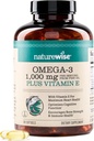 NatureWise Extra-Strength Omega 3フィッシュオイルサプリメント - サービングあたり1000mg - 600 EPA&400 DHAとビタミンE - ハート&脳の健康のためのサポート - レモンフレーバー、GMOフリー - 180Softgels[3ヶ月の供給]