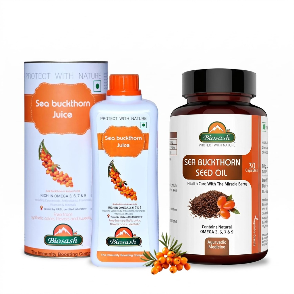 Biosash Sea Buckthorn Wellness Combo, Himalayan Sea Buckthorn Juice 250ml (Makes 50 Glasses) + Seed Oil Capsules (30 Caps), Omega 3 6 7 9, Antioxidant-Rich, Skin, Hair & Daily Immunity Support