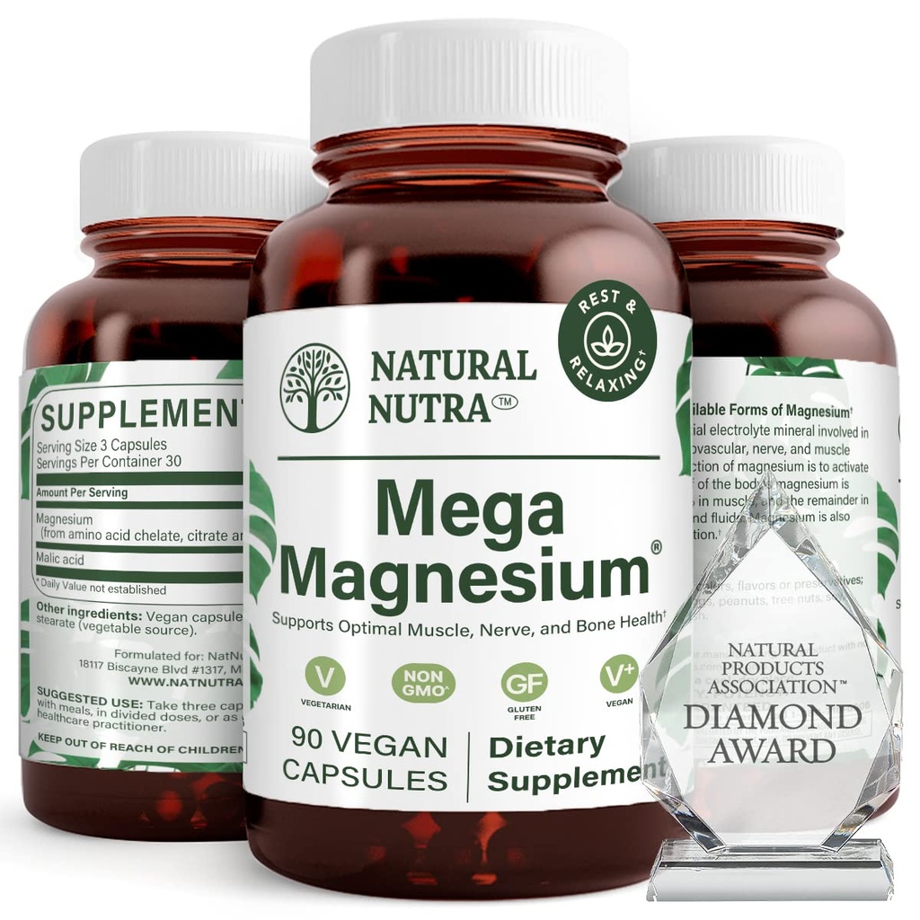 自然なNutraのメガ マグネシウム400mgの補足-吸収のアミノ酸のキレート、よりよいバイブ、クエン酸塩、筋肉成長、骨の強さ、中心の健康、神経サポート- 90のカプセルのためのマレートのブレンド