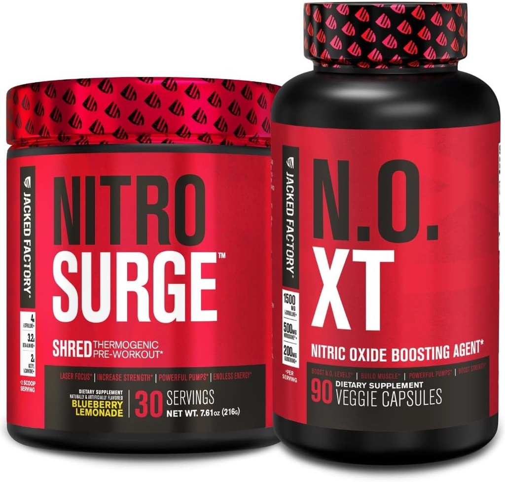 Jacked Factory Nitrosurge Shred Thermogenic Pre-Workout in Blueberry Lemonade & N.O. XT Nitric Oxide Booster for Men & Women