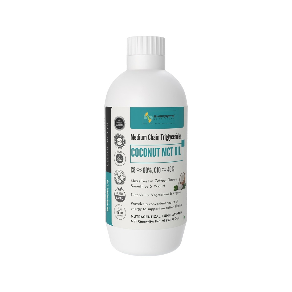 Sharrets MCT Oil 946ml | 60/40 C8:C10 Medium Chain Triglycerides | Pure Coconut MCT for Keto, Bulletproof Coffee, Weight Management & Sports Energy