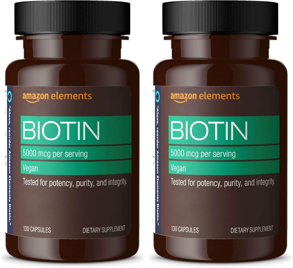   Elements Vegan Biotin 5000 mcg - Hair, Skin, Nails, 130 Capsules (4 Month Supply) (Packaging May Vary) (Pack of 2)