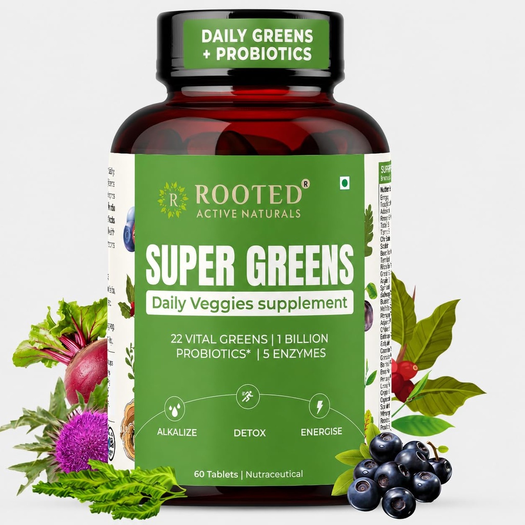 Rooted Active's Super Green Tablets for Men & Women | Comprehensive Daily Supplement with 22+ Vital Greens, 1 Billion Probiotics, 5 Enzymes | Supports Gut Health, Energy, Immunity | 60 Tablets