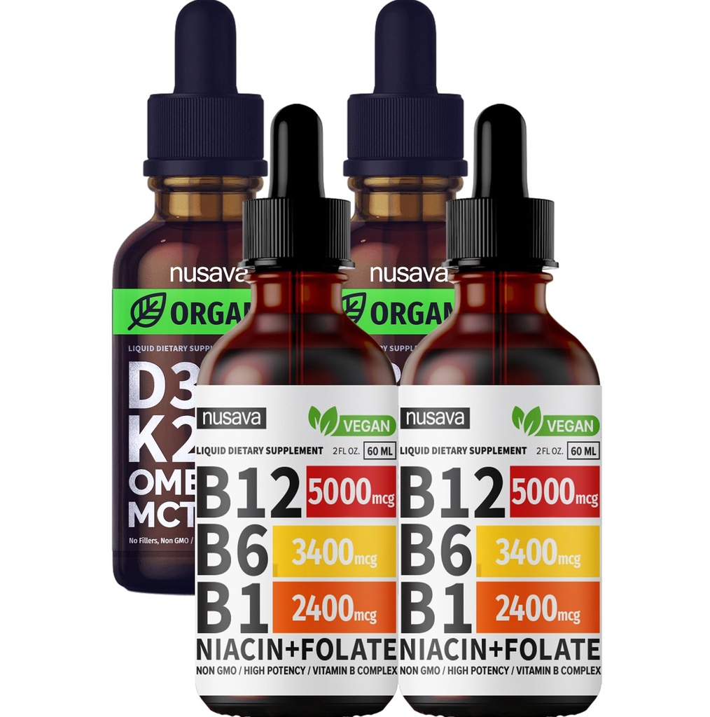 NUSAVAのビタミンB12の液体の低下およびUnflavored D3 K2の束-中心、接合箇所、エネルギーおよび免疫サポートのための強力な液体のビタミン-非GMOのグルテンフリー、2pkそれぞれ