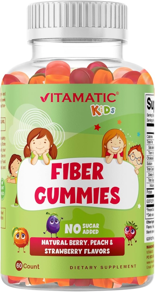 Vitamaticキッズプレバイオティックファイバーグミー - 余分な強度4g繊維 - ゼロシュガー追加 - 60ペクチンベースのグミー - 消化の健康と定期的なサポート