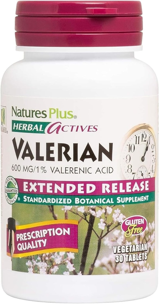 Natures Plus Herbal Actives Valerian拡張リリースタブレット - 600mg、30ビーガンタブレット - ベジタリアン、グルテンフリー - 30サービング
