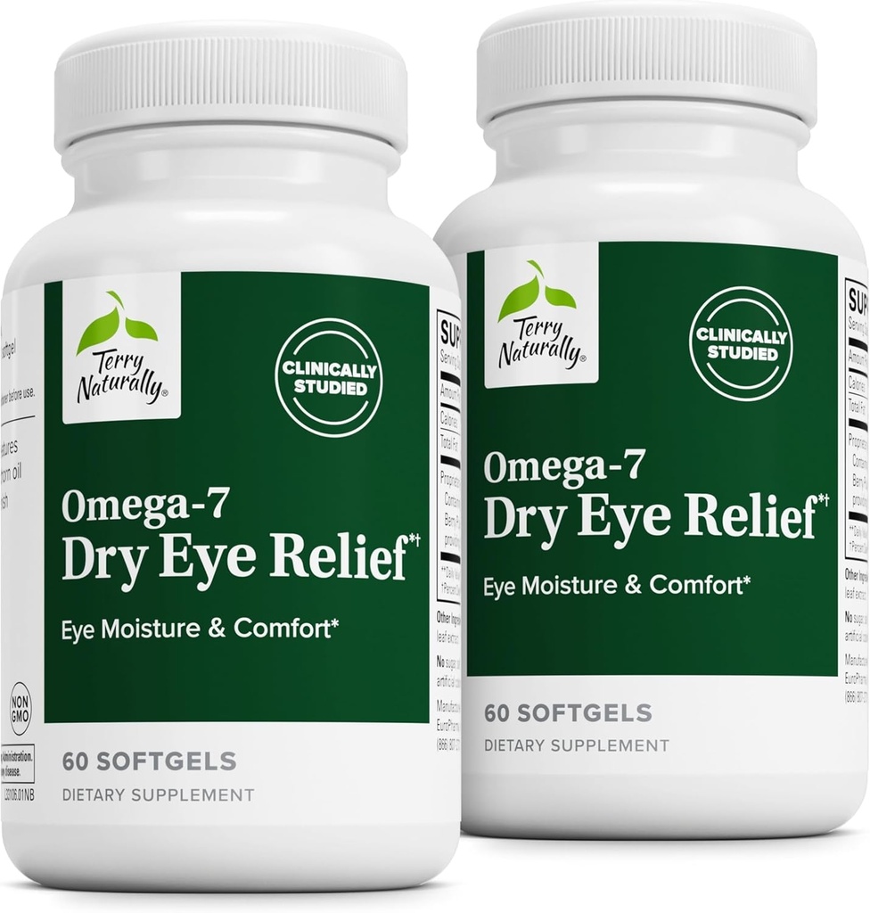 Terry Naturally Omega-7 Dry Eye Relief - Eye Health Supplement with Buckthorn Seed Oil - Dietary Supplement to Aid Dry Eye Relief - 60 Softgels, 2 Pack
