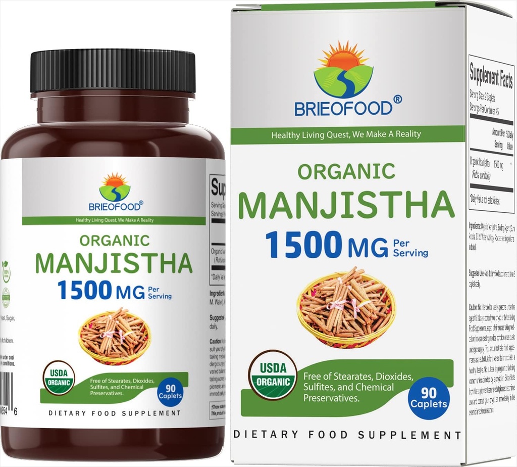 Brieofood Organic Manjistha 1500mg, 45 Servings, Vegetarian, Gluten Free, 90 Vegetarian Tablets