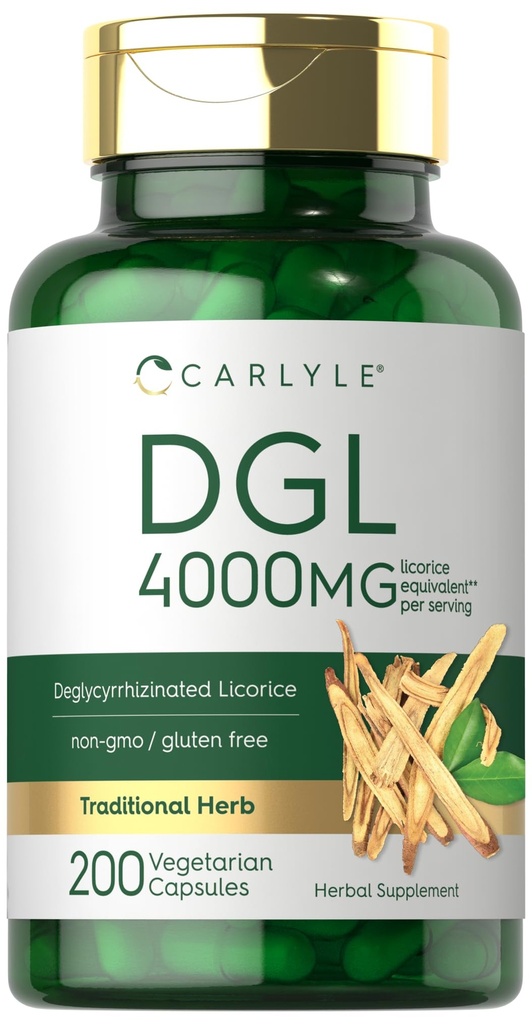 カルライルDGLデグリシリン酸リコライスカプセル | 200カウント | 4000mg | ベジタリアン・非GMO・グルテンフリー対応サプリメント