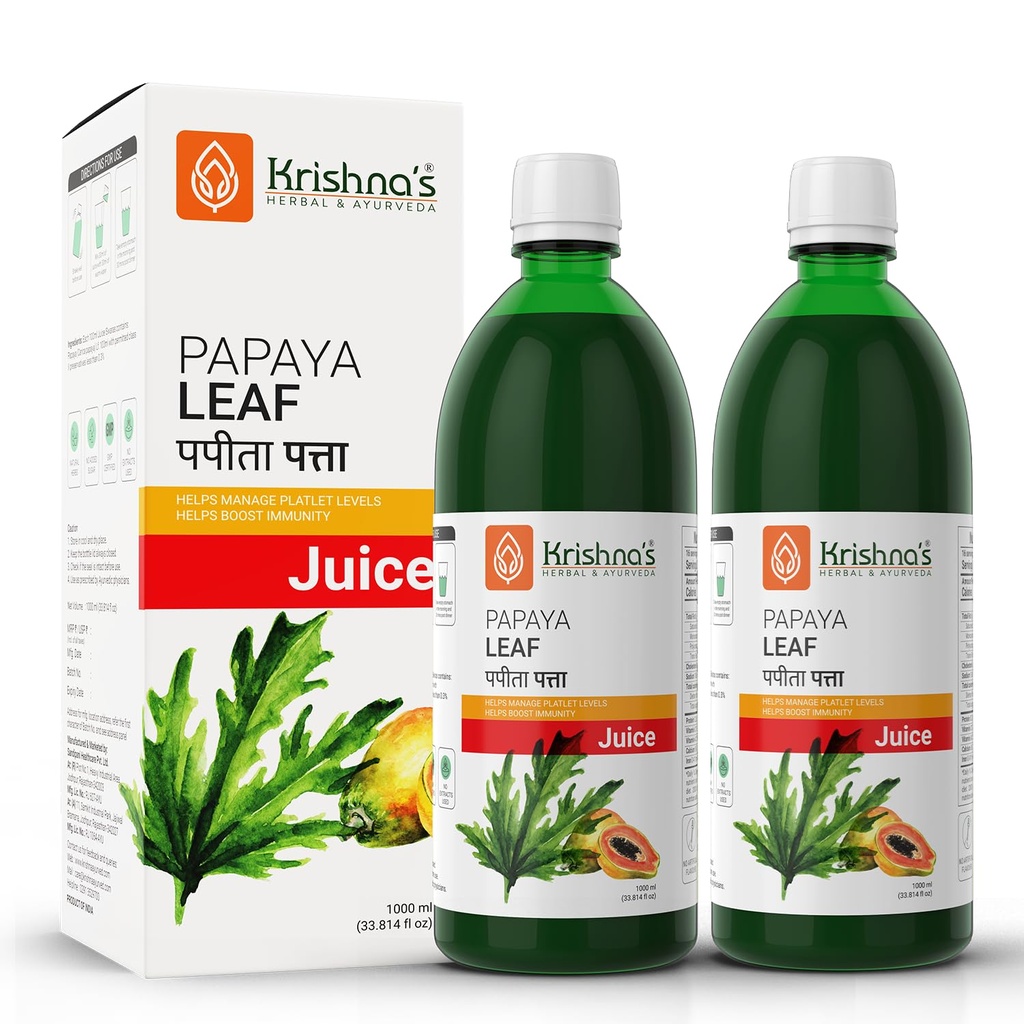 Krishna's Papaya Leaf Juice - 1000 ml | Fresh Papaya Leaves | Helps to platelets count - (Pack of 2)