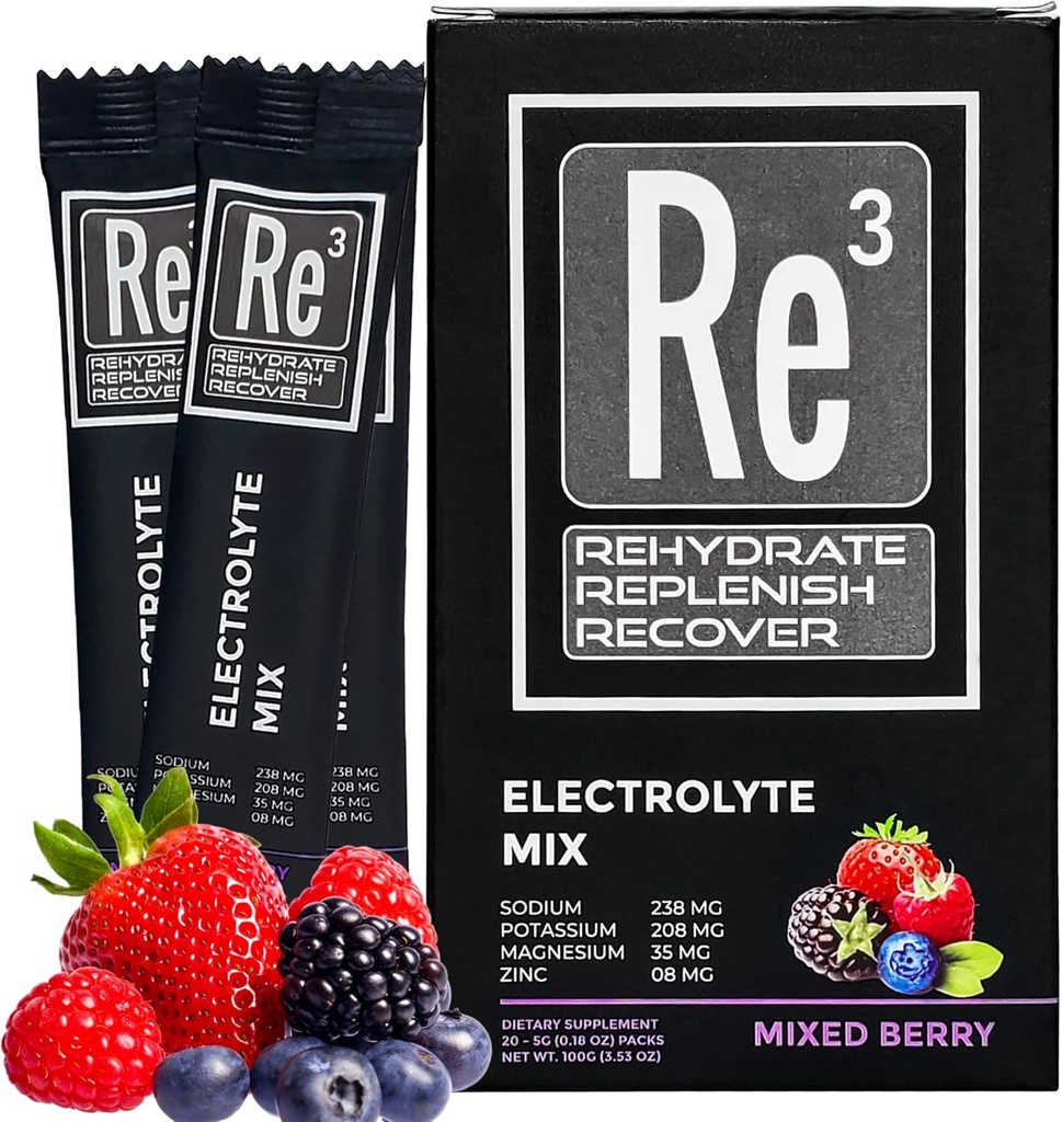 Re3 - Rehydrate - Replenish - 電解質の粉のパケットを回復して下さい。 砂糖、7 Cal、1.4カラブなし。 ビタミンとミネラルのベストミックス(ミックスベリー)