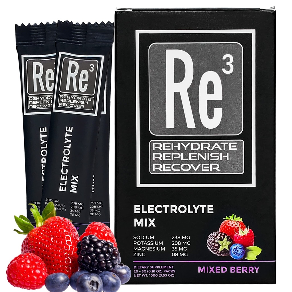 Re3 - Rehydrate - Replenish - 電解質の粉のパケットを回復して下さい。 砂糖、7 Cal、1.4カラブなし。 ビタミンとミネラルのベストミックス(ミックスベリー)