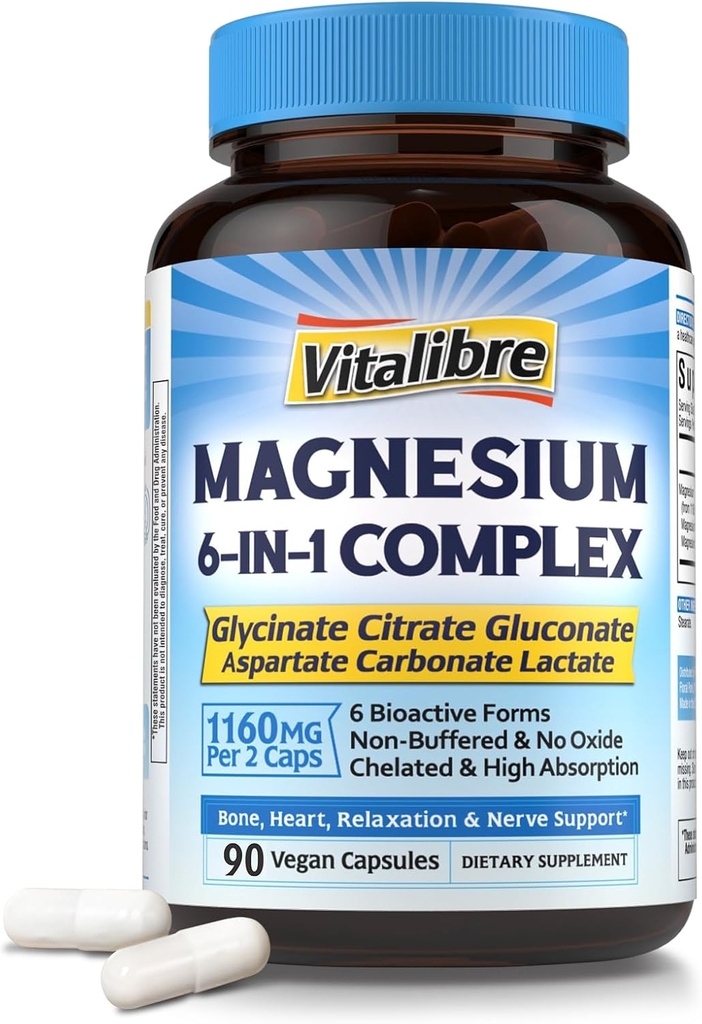 マグネシウムコンプレックスサプリメント 6 に 1, 1160 mg は、最大の吸収のためのマグネシウムをケレート, より良い睡眠の助け, リラックス & 神経カルム, 90 ビーガンカプセル, 非GMO & グルテンフリー