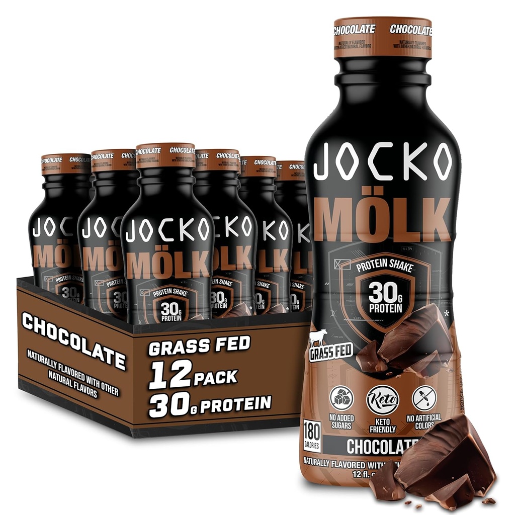 Jocko Mölk 30gの草の餌の蛋白質の揺れ–加えられた砂糖の蛋白質の飲み物のKETOの友好的–飲み物12 FL Oz (12のパッケージ)のチョコレートへの準備