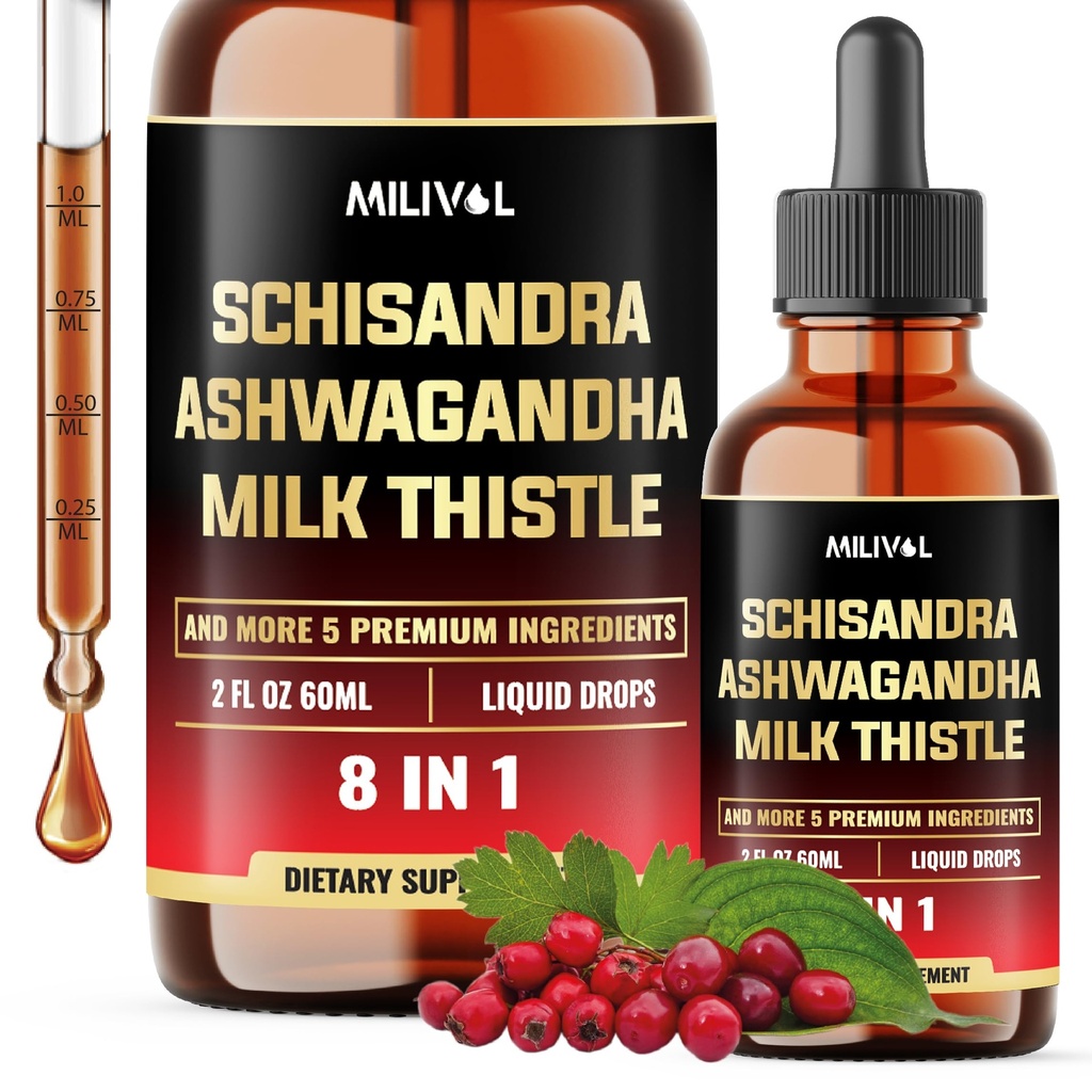8in1 Schisandra Berry Drops with Milk Thistle, Ashwagandha, Rhodiola Rosea, Holy Basil, Artichoke, Dandelion Root & Turmeric Curcumin - 2ヶ月の供給のためのOz