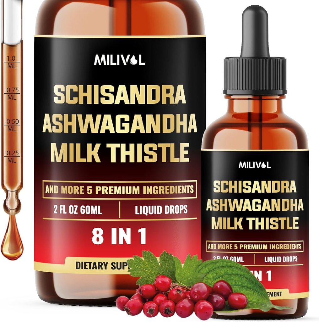 8in1 Schisandra Berry Drops with Milk Thistle, Ashwagandha, Rhodiola Rosea, Holy Basil, Artichoke, Dandelion Root & Turmeric Curcumin - 2ヶ月の供給のためのOz