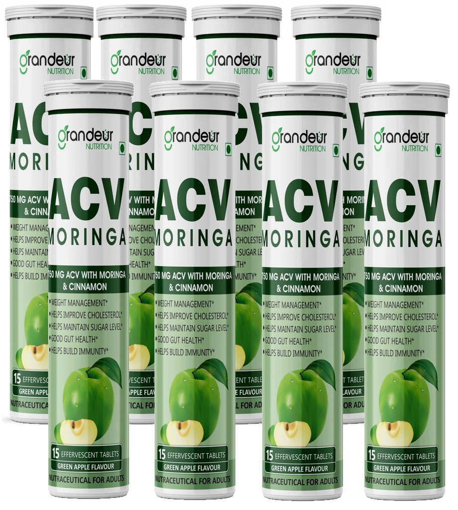 Grandeur ACV Moringa For Weight Management, 120 acv tablets Apple Cider Vinegar Tablets 750mg, With Cinnamon | Controls Cravings | No Added Sugar | Natural Energy Booster | Healthy Gut | Green Apple