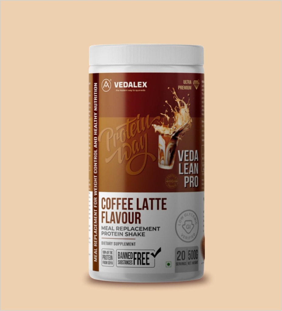 500g 20 Servings | To Lose Weight | Veda Lean Pro Protein Way – Coffee Latte Flavour | Meal Replacement Protein Shake | Low GI | High Soy Protein | Ultra Premium | Weight Control & Daily Nutrition
