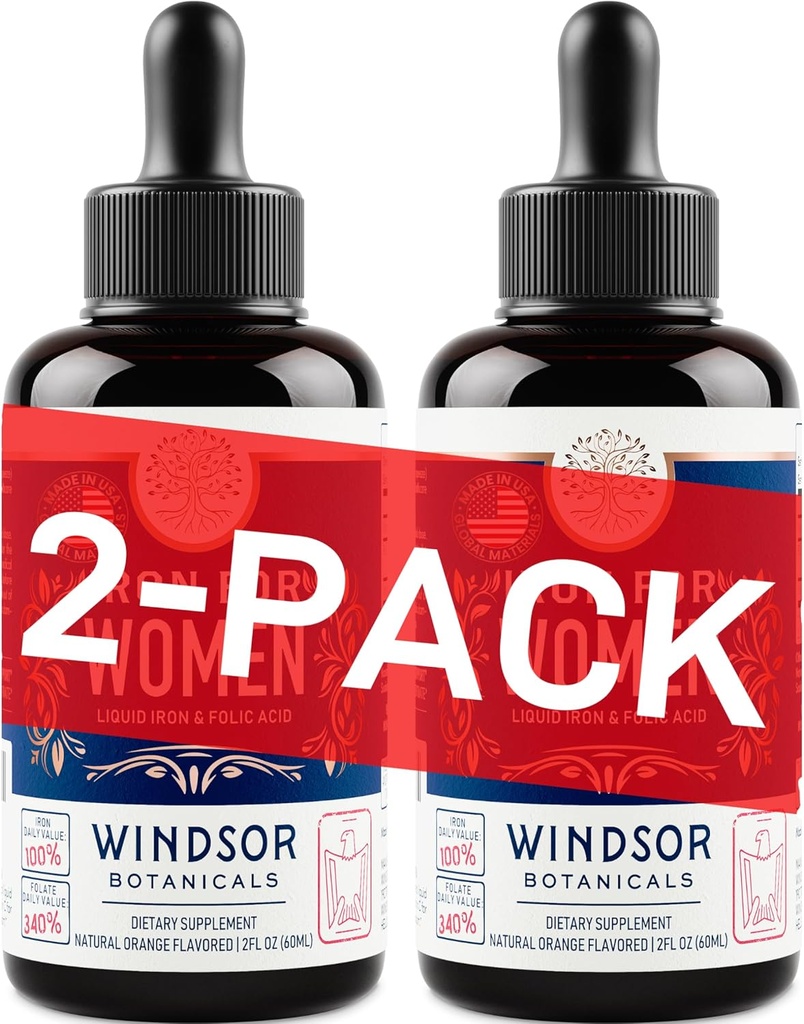 女性のためのWINDSOR BOTANICALSの液体鉄の補足 2-パック-葉酸、ビタミンC、貧血、月経、妊娠サポートのためのビーガン液体鉄の補足-低下のオレンジ味- 2x2oz