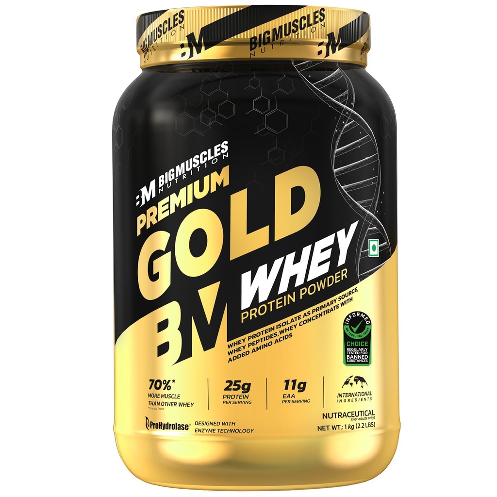 Bigmuscles Nutrition Premium Gold Whey [1Kilogram] | Informed Choice UK Certified | Isolate Whey Protein Blend | 25G Protein | 11G EAA | Prohydrolase Enzyme Technology [Cookie & Cream], 37 Grams