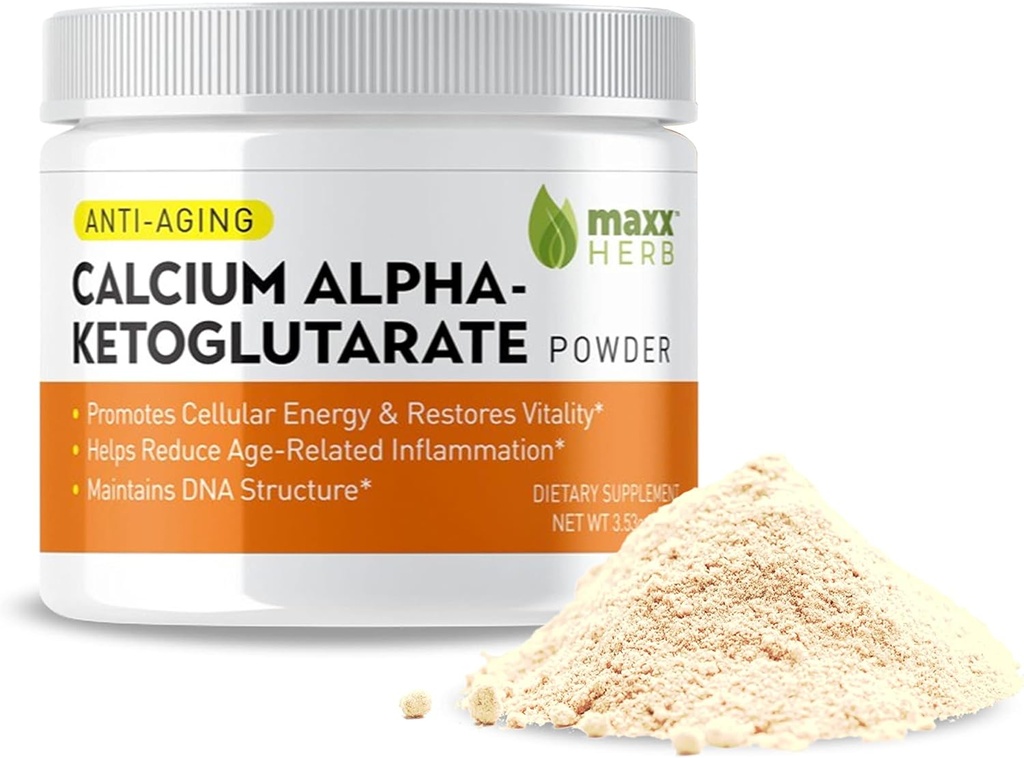 Maxx Herb Calcium AKG, Pure Calcium Alpha - Ketoglutarate Powder (Ca-AKG), for Energy, Vitality, Mental Focus, Clarity & DNA Structure, Non-GMO & Gluten Free - 100 Gram Jar (67 Servings)