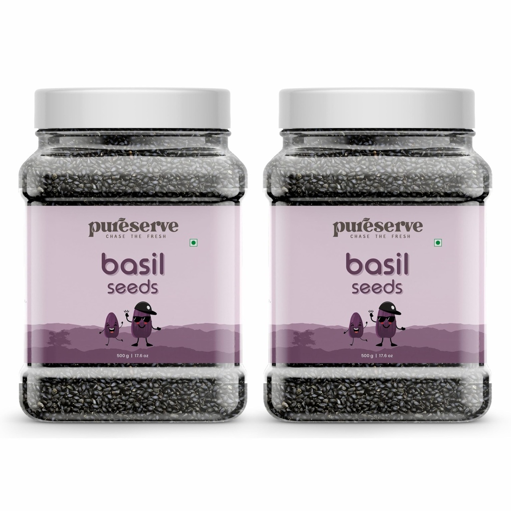 Pureserve Premium Basil Seeds 1Kg (500g x 2) | Organic Sabja Seeds Rich in Fiber, Omega 3 & Antioxidants | Natural Superfood for Weight Management, Digestion, Detox Drinks, Falooda, Smoothies & Daily Nutrition