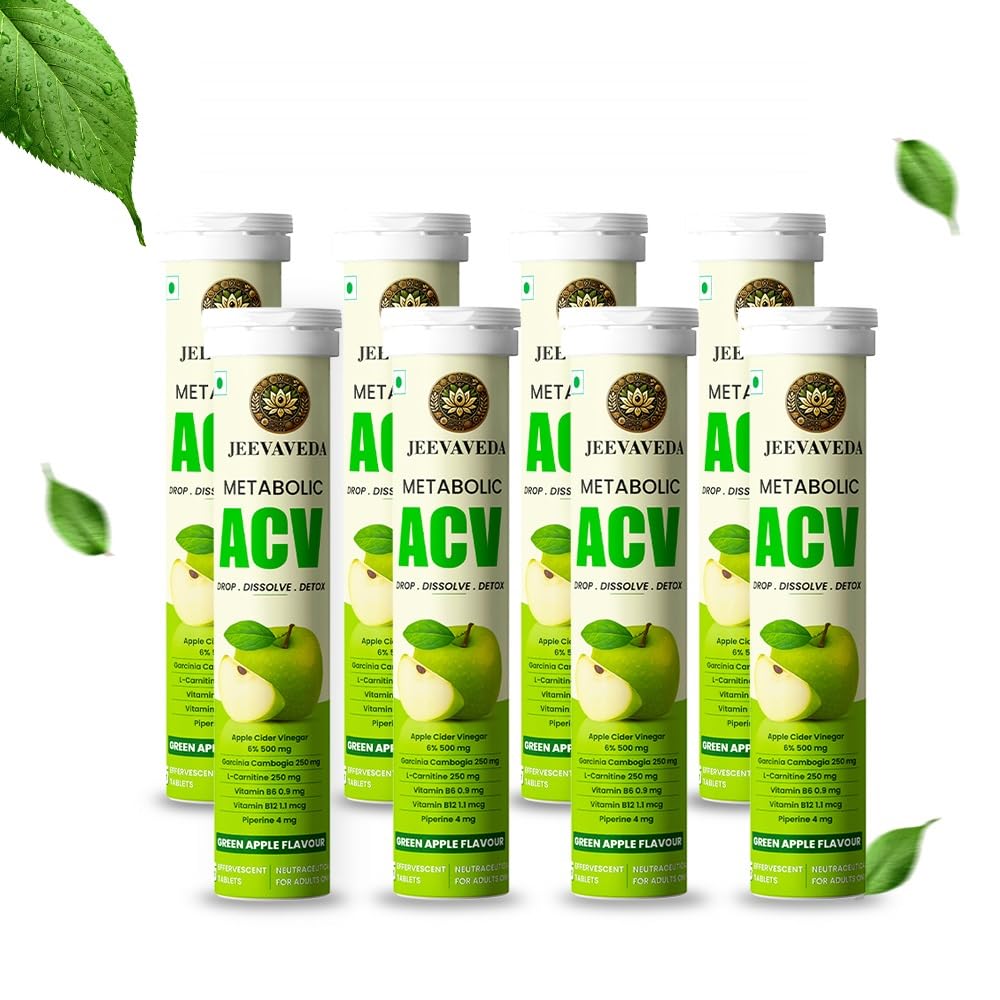 Apple Cider Vinegar Effervescent Tablets for Weight Loss | 120 Tabs (8 Tubes) | With Garcinia Cambogia, L-Carnitine, Vitamin B6 & B12 | Zero Sugar | Green Apple Flavour | Jeevaveda