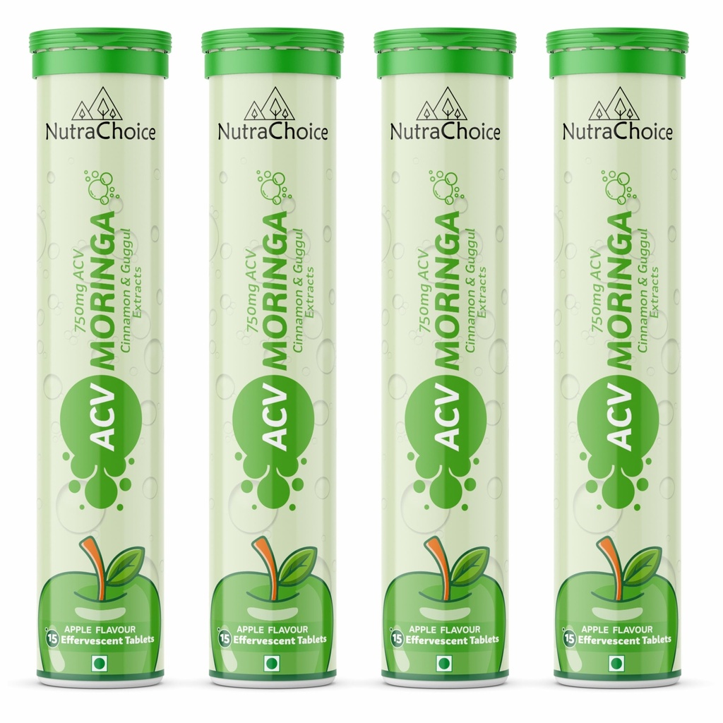 ACV Moringa 750 mg 60 Effervescent Tablets Weight Loss | Control Cravings, Boost Metabolism & Control Weight | Added Cinnamon & Guggul | Green Apple (Pack of 4)